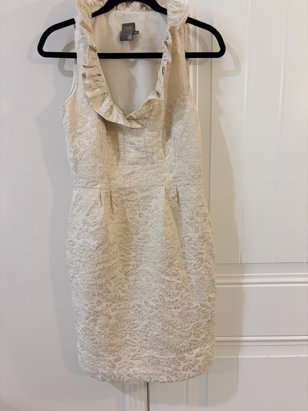 Sleeveless Ruffle-Neck Textured Ivory Dress